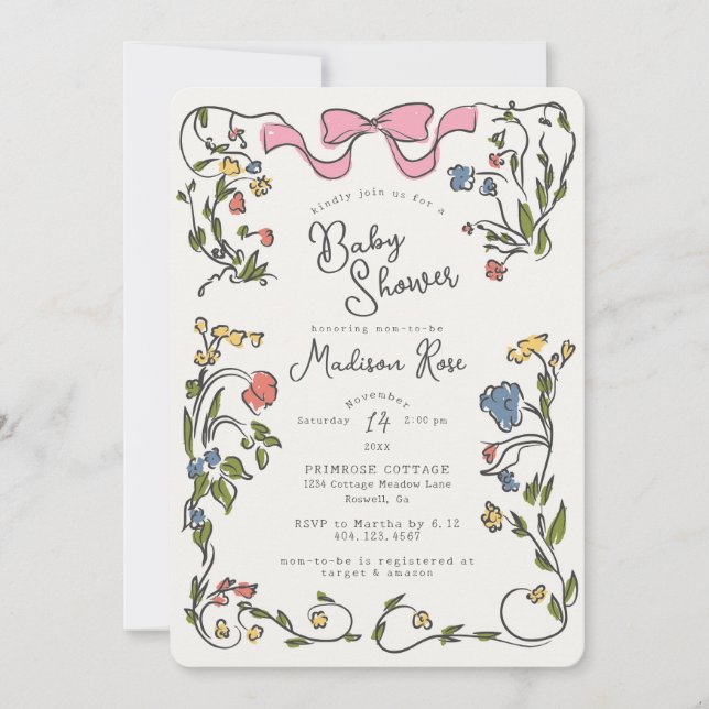 Whimsical Floral fille Doodle Baby shower Invitati (Devant)