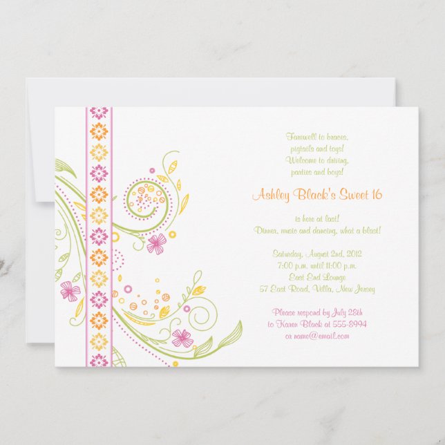 Whimsical Floral Sweet 16 Anniversaire Invitation (Devant)