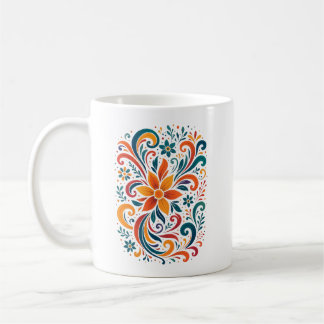 Whimsical Floral Swirl Mug - Orange Accent Handle