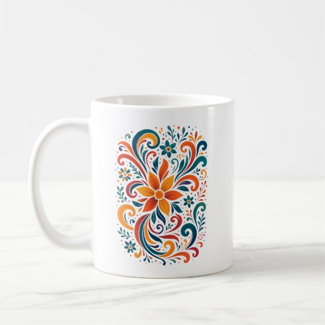 Whimsical Floral Swirl Mug - Orange Accent Handle (Gauche)