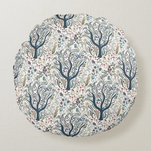 Whimsical Folk Art Coussin rond Forêt (Devant)