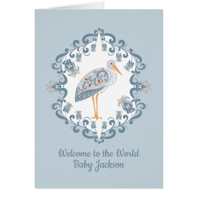 Whimsical Folk Art Stork | Personalized Baby Card (Devant)