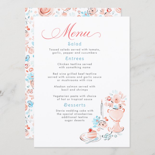 Whimsical Funky Hand Drawn Dusty Blue Wedding Menu (Devant / Derrière)
