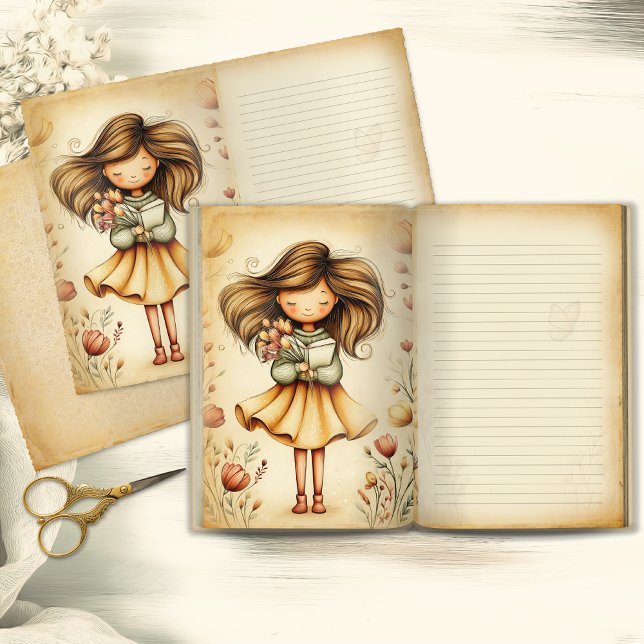 Whimsical Girl with Book & Flowers Journal Page (Créateur téléchargé)