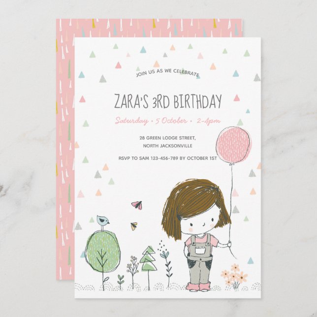 Whimsical Girls Toddlers Invitation Anniversaire (Devant / Derrière)
