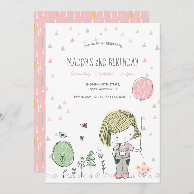 Whimsical Girls Toddlers Invitation Anniversaire (Devant / Derrière)