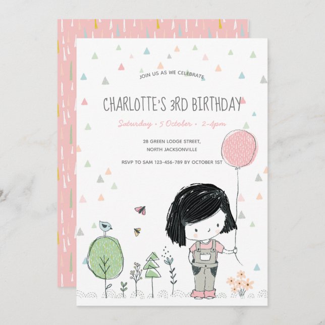 Whimsical Girls Toddlers Invitation Anniversaire (Devant / Derrière)