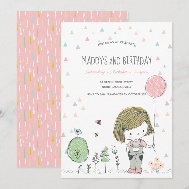 Whimsical Girls Toddlers Invitation Anniversaire (Devant / Derrière)