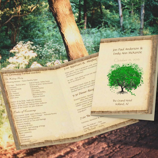 Whimsical Green Heart Leaf Tree Wedding Programme (Créateur téléchargé)