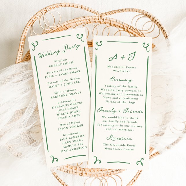Whimsical Hand Drawn Green Wedding Programme + Fêt (Créateur téléchargé)