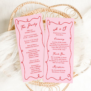Whimsical Hand Drawn Pink & Red Wedding Programme