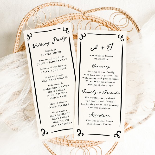 Whimsical Hand Drawn Wedding Programme + Fête (Créateur téléchargé)
