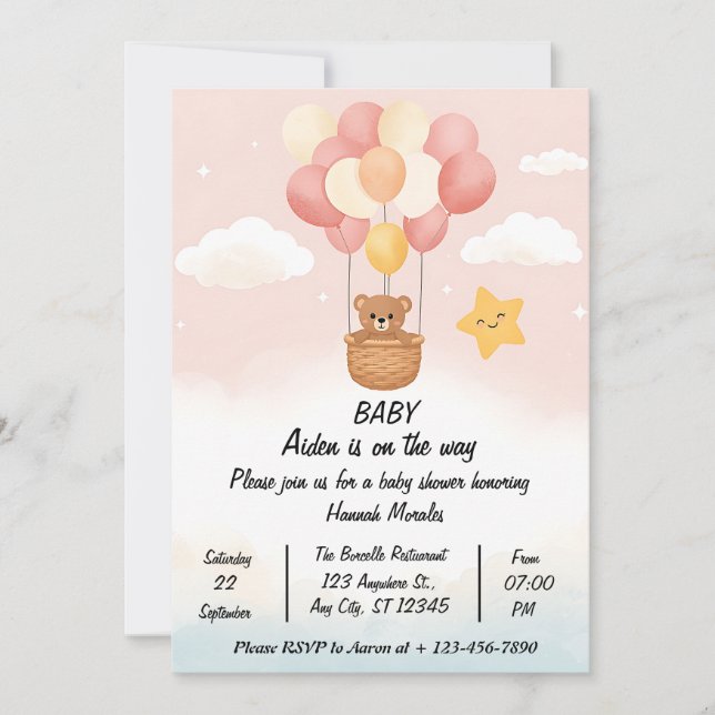 Whimsical Hot Air Balloon Baby Shower Invitation | (Devant)