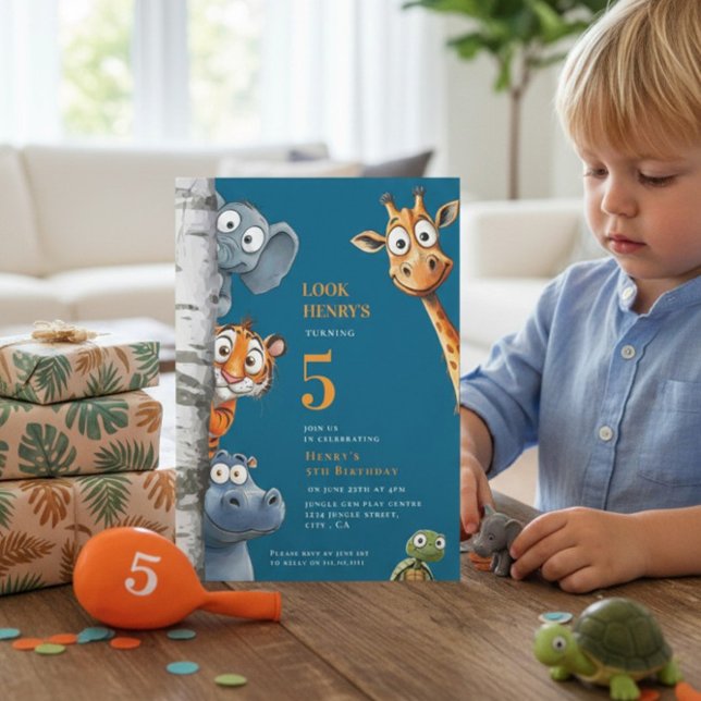Whimsical Jungle Animals Blue Birthday Invitation (Créateur téléchargé)