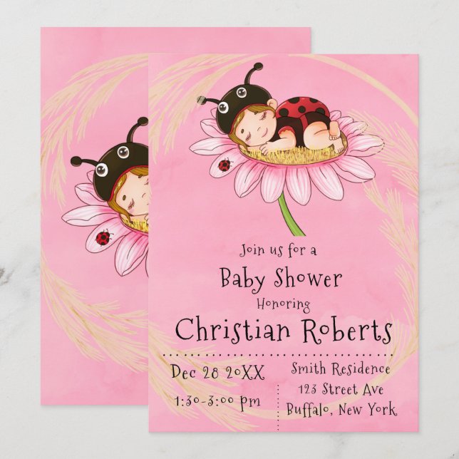 Whimsical Little Ladybug Baby Shower Invitations (Devant / Derrière)