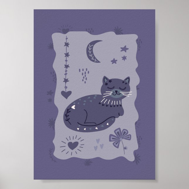 Whimsical Night Cat Folk Art Poster (Devant)
