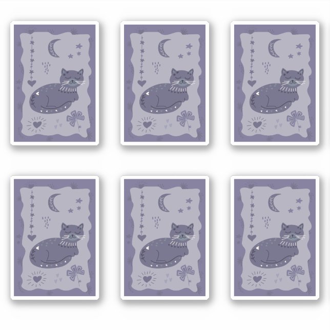 Whimsical Night Cat Folk Art Sticker (Devant)