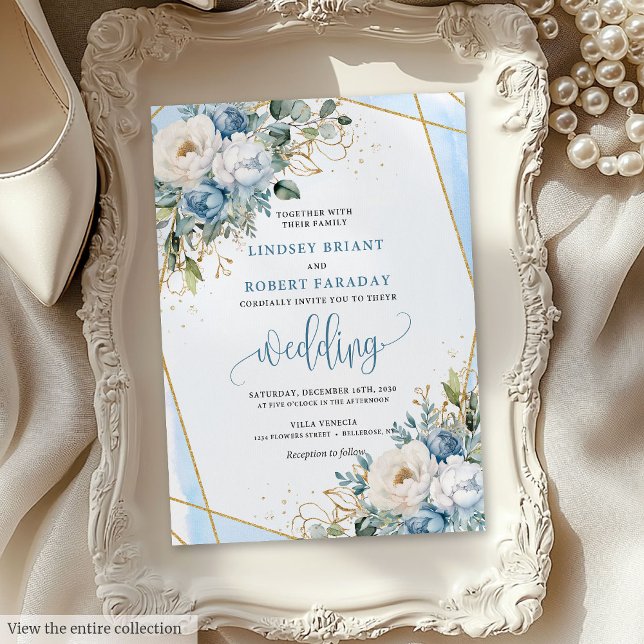 Whimsical Pastel Blue Sage Gold Flowers Invitation (Whimsical Pastel Blue Sage Gold Flowers Invitation)