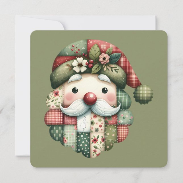Whimsical Patchwork Santa Folk Christmas Flat Card (Devant)