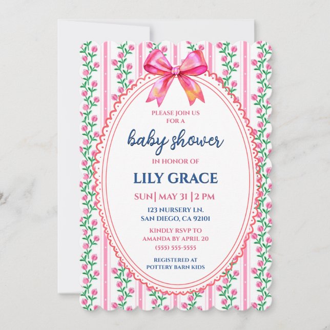 Whimsical Pink Floral & Bow Baby Shower Invitation (Devant)