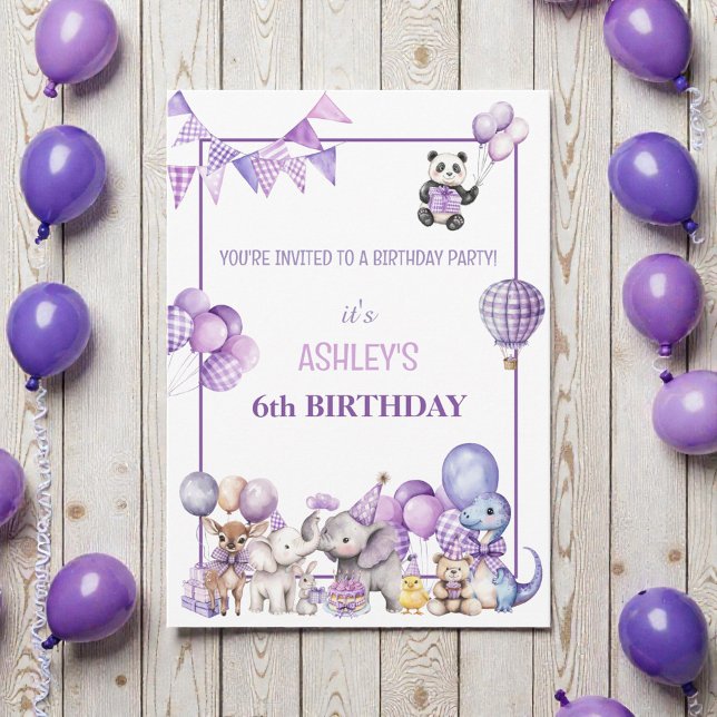 Whimsical Purple Animals Birthday  Invitation (Créateur téléchargé)