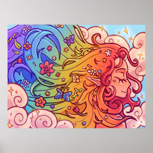 Whimsical Rainbow Hair Elf Poster (Devant)
