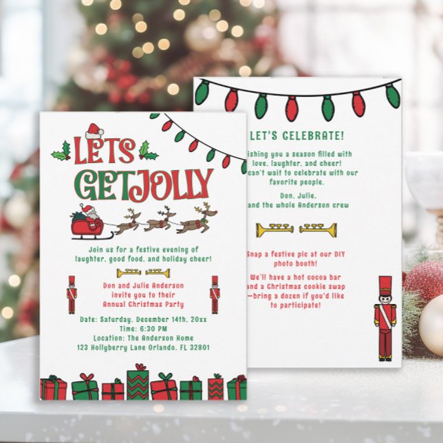 Whimsical Red Green Père Noël Reindee Noël Party (2-sided retro-style Christmas party invitation)