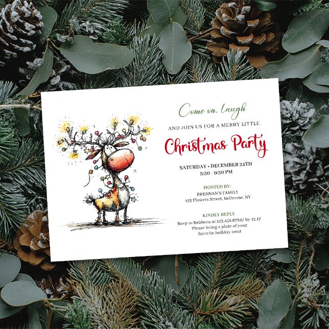 Whimsical Red Green Reindeer Christmas Invitation (Whimsical Red Green Reindeer Christmas Invitation)