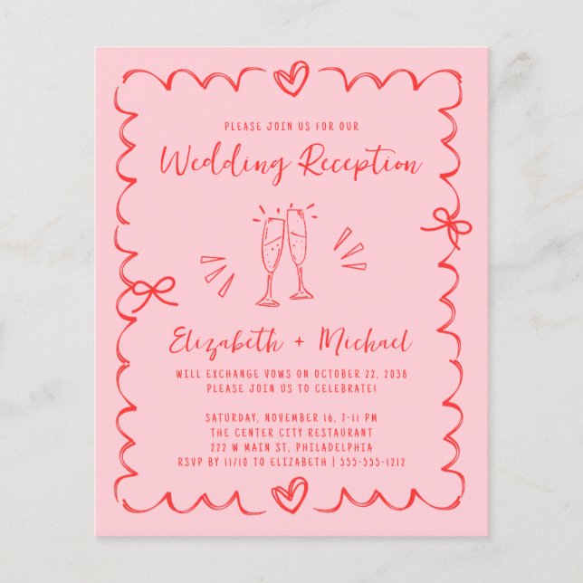 Whimsical Red Pink Wedding Reception Invitation (Devant)