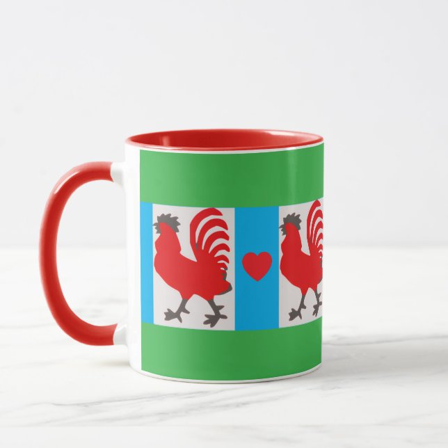 Whimsical Rooster Mug – Red, Blue, Green & Black (Gauche)
