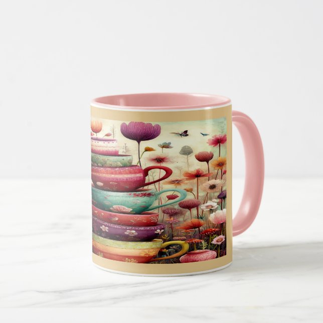 Whimsical Stacked Floral Teacups Art Mug (Devant droit)