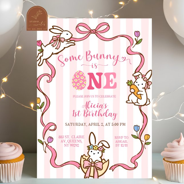 Whimsical Stripes Bunny 1st birthday Invitation (Créateur téléchargé)