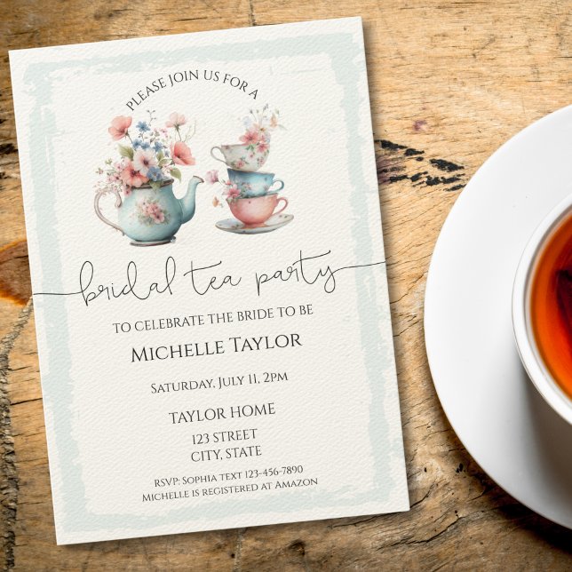 Whimsical Watercolor Tea Bridal Shower Invitation (vintage teapot and tea cups with flowers bridal shower invitation)