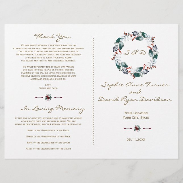 Whimsical Winter Berries Wreath Wedding Programme (Devant)