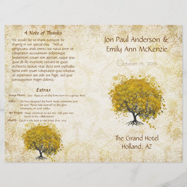 Whimsical Yellow Heart Leaf Tree Wedding Programme (Devant)