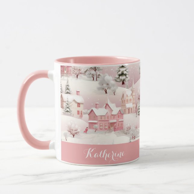 Whimssical Winter Pink Village Christmas Mug (Gauche)