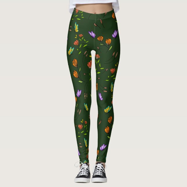 Whimsy Bloom Floral Butterfly Pattern Leggings (Devant)