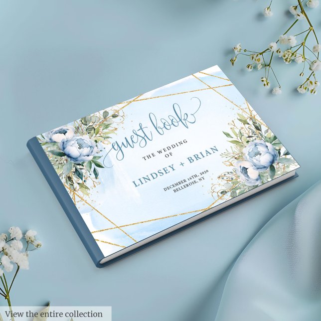 Whimsy Dusty Blue White Gold Peonies Livre d'or (Whimsical Dusty Blue White Gold Peonies Guest Book)