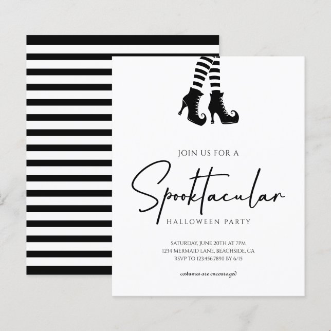 Whimsy Halloween Party Black and White Invitation (Devant / Derrière)
