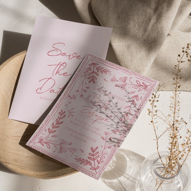 Whimsy Pink Hand Drawn Floral Garden Save The Date (Créateur téléchargé)
