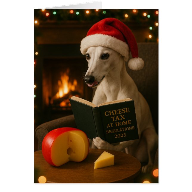 Whippet 'Cheese Tax' Christmas card white / cream (Devant)