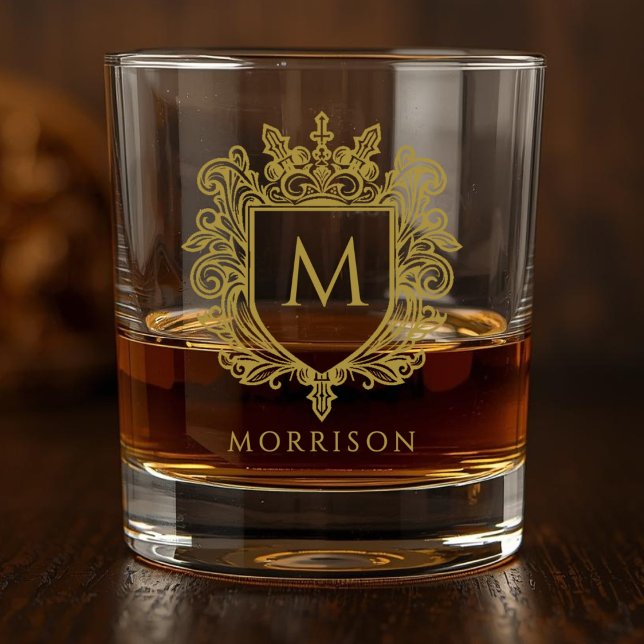 Whisky Verre à Whiskey Imprimé avec Blason de Monogramme  (Golden Monogram Crest Printed Whiskey Glass)