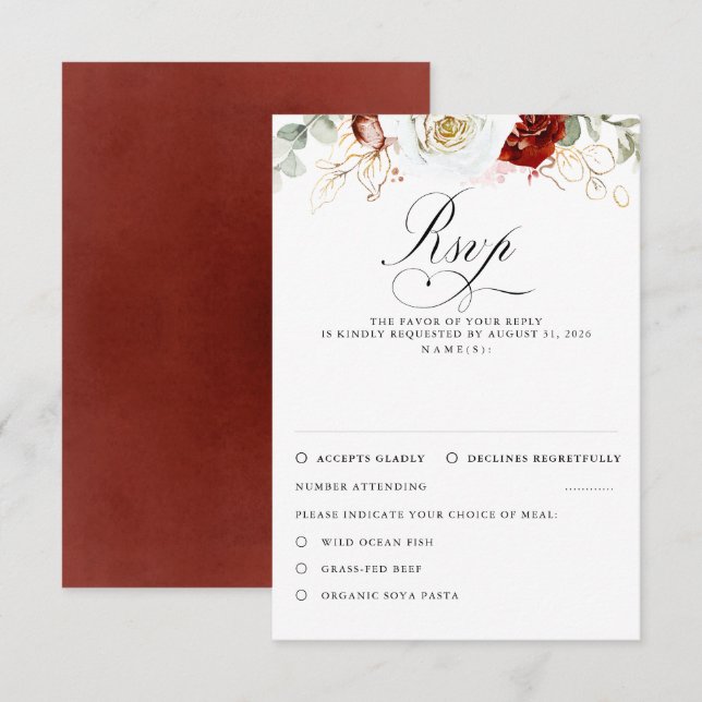 White and Burgundy Red Flowers Wedding RSVP (Devant / Derrière)