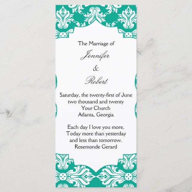 White and Emerald Green Mariage damassé Programme (Devant)
