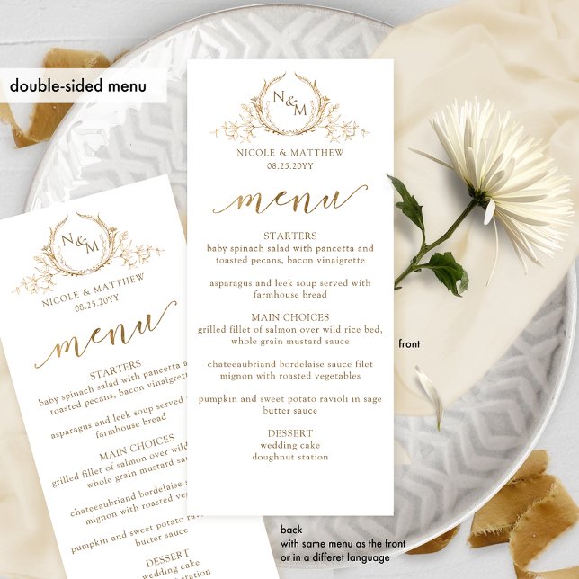 White and Gold Monogram Wedding Double-sided Menu (Créateur téléchargé)