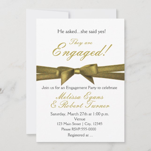 White avec Gold Bow Engagement Party Invitations (Devant)
