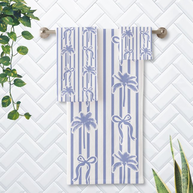White Blue Coastal Palm Trees Bows Stripes Pattern (In situ)