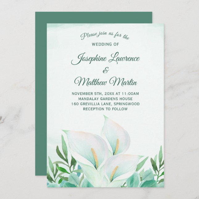 White Calla Lily Monogramme Invitations de mariage (Devant / Derrière)