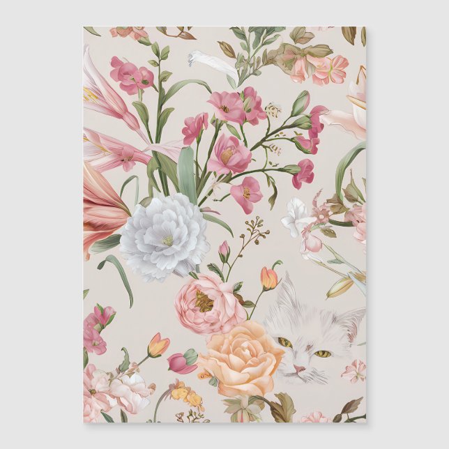 White Cats Pink Roses Floral Flat Thank You Card (Devant)