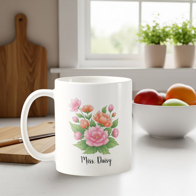 White Ceramic Personalized Mug with Floral Design  (Créateur téléchargé)